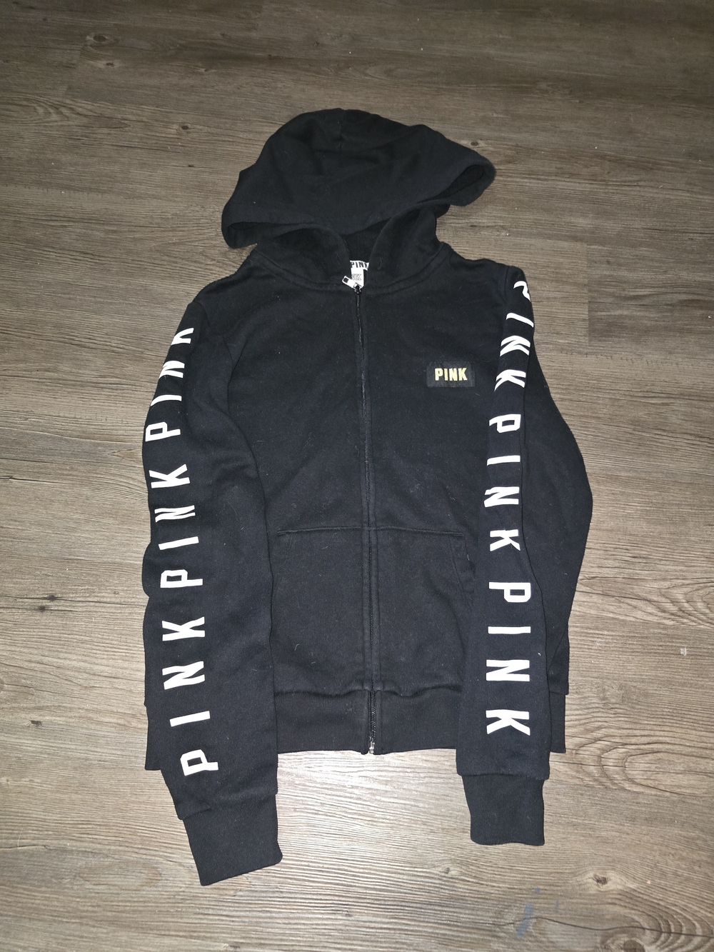 PINK Victoria's Secret Black Zip-Up Hoodie with Logo Sleeves